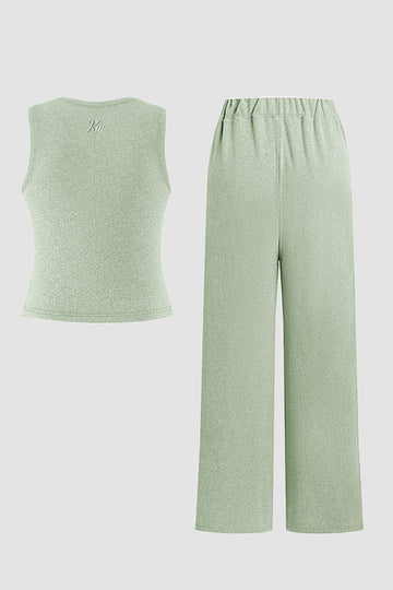 KATCH ME Summer Co-ord Set: Solid Color Shelf-Bra Tank Top & Wide Leg Trousers
